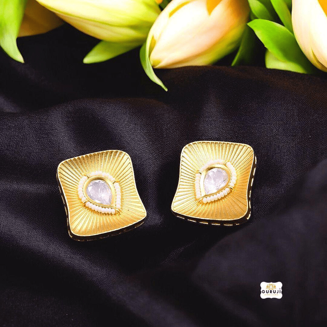 Elegant Square Stud Earrings with Teardrop Gemstone and Pearl Detailing