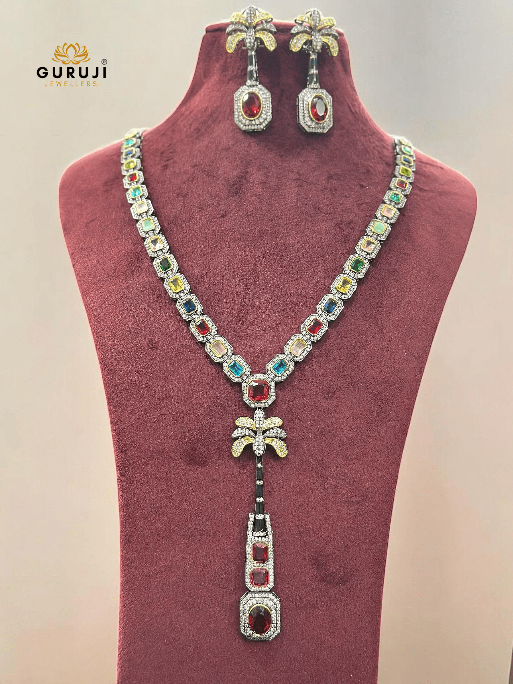 Multicolor gemstone necklace with palm tree pendant — perfect for bridal & cocktail looks.