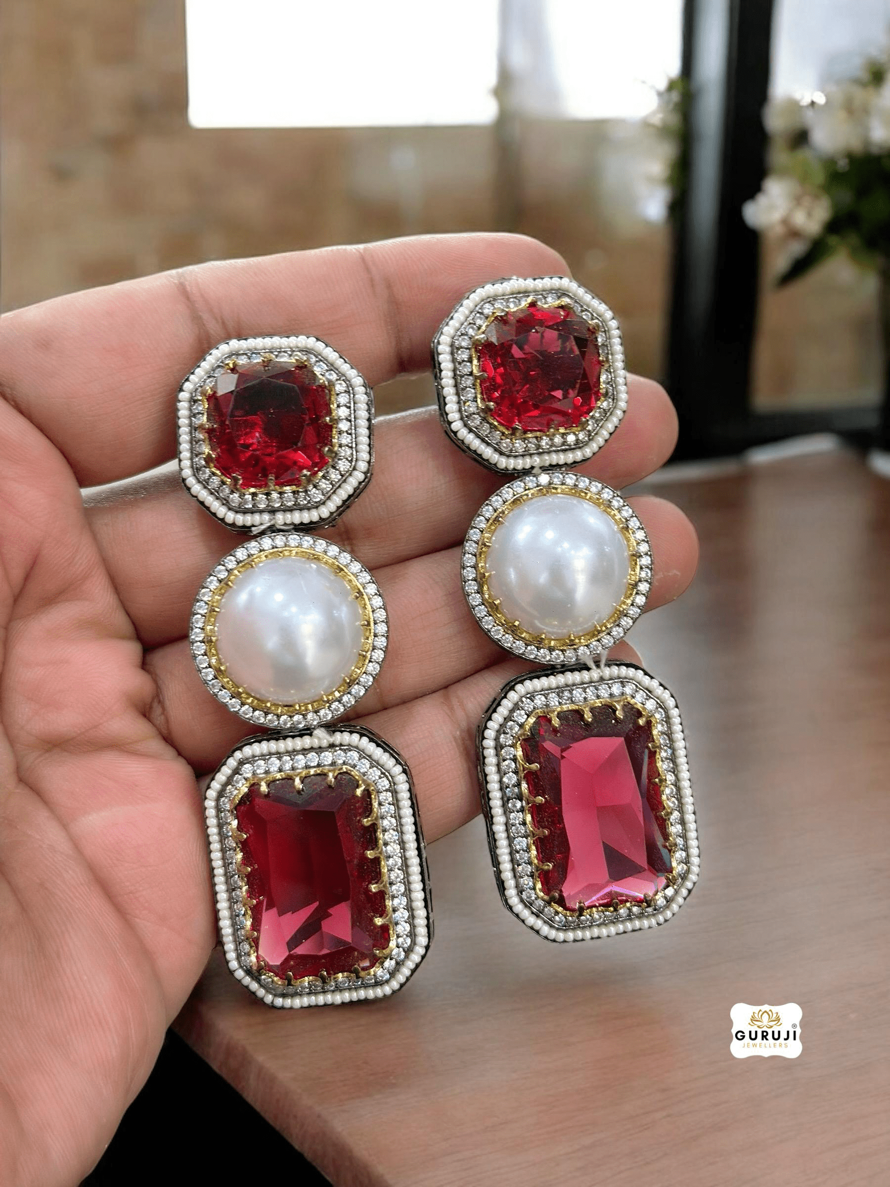 Royal Radiance: Doublet Stone & Pearl Drop Earrings