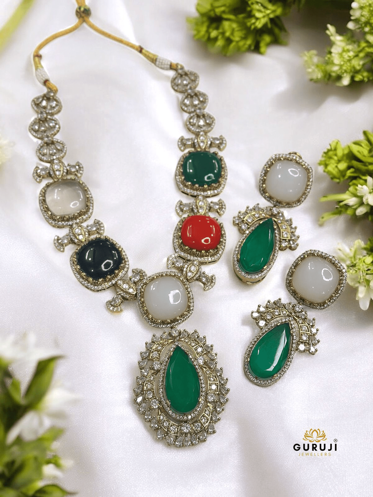 Sabyasachi-Inspired Stone Necklace Set with Green Teardrop Pendant