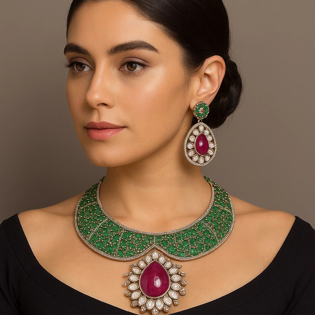 Heritage Polki Necklace Set with Designer Pendant & Earrings