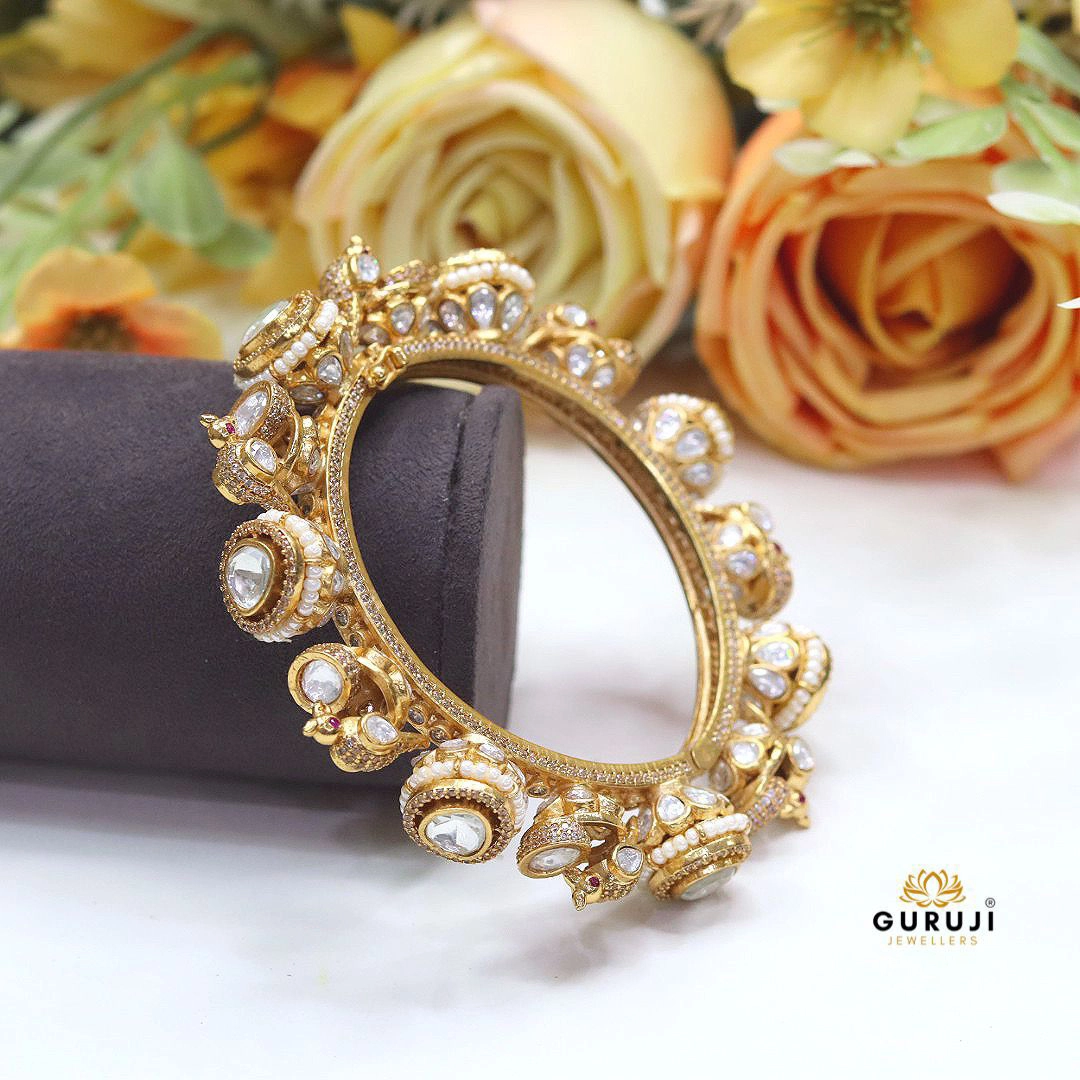 Polki Diamond Kada with Intricate Gold Craft – Bridal Heritage Jewelry