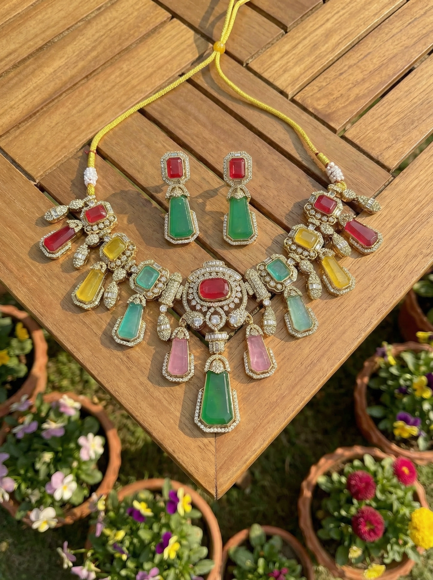 Royal Moissanite Polki Semi Precious Stone Necklace Set – A Statement of Elegance